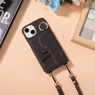 亞古奇 iPhone 14系列 馬鞍卡包手機皮套附美妝鏡及皮質背帶-黑褐