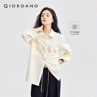 GIORDANO Women Shirts Bamboo Joint Cargo Pockets Shirts Classic Collar Long Sleeve Smooth Simple Fas