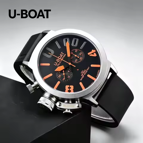 U-BOAT Men's Quartz Chronograph Watch 44mm Stainless Steel Case Silicone Band 1001M Waterproof