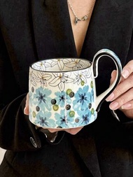 1入手繪花卉圖案陶瓷馬克杯,波蘭復古手繪藍色冰花和山茶花圖案陶瓷杯,精美限量咖啡杯,高價值奶杯和飲料杯,適用於家庭、辦公室、客廳、餐廳等場合