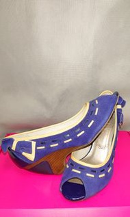 Fiorucci 小天使 義大利品牌 專櫃女鞋 寶藍色 楔型跟鞋 露趾  真皮