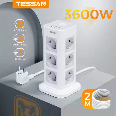 TESSAN Tower Power Strip with Surge Protector Tower Extension Socket 12 Outlets 3 USB with 2M Extens