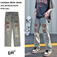 กางเกงยีนส์ทรงกระบอก รุ่น LUCKYOU SKINS JEANS แฟชั่นแนวสตรีท สีฟอก สไตล์เมกา มีรอยขาดที่เข่าทั้งสองข