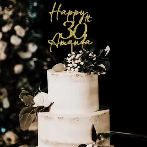 Personalised Name and Age Birthday Cake Topper Wooden Or Glitter 30th 40th 50th 60th 70th 80th 90th 