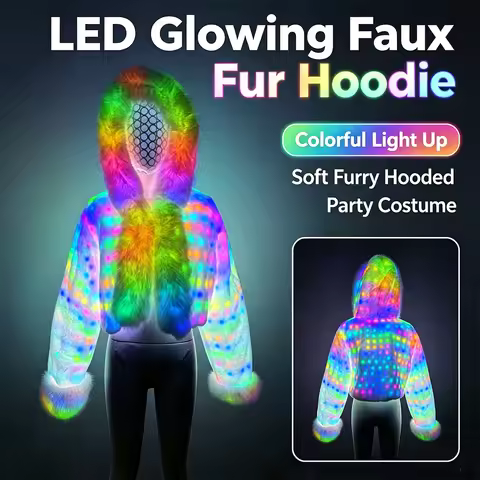 Women's LED Rainbow Faux Fur Jacket Color Changing Lights Hooded Crop Coat for Rave Festival Party