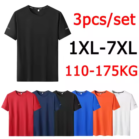 3pcs Summer Sport T-shirt for Men Plus Size 6XL/7XL Quick Dry Tees Oversized Round Neck Short Sleeve