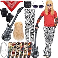 19 Pcs 80s Rocker Costume Set, Disco Rock Costume with Rocker Wig Zebra Pants Waistband Bandana Infl