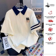 Women's polo shirt with bewildered cat print, 100% cotton, soft, cool - 100% cotton office polo shir