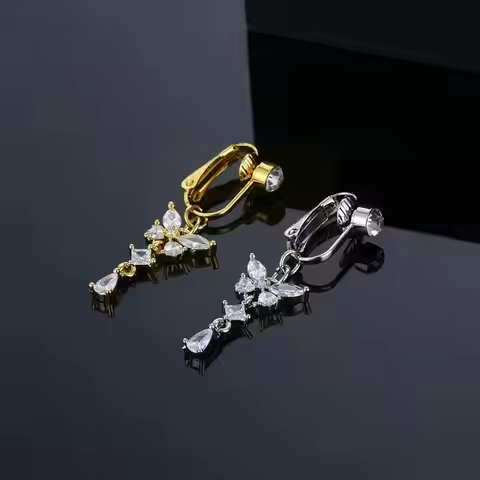 Fake Belly Butterfly Crystals Long Dangle Belly Button Rings Surgical Steel Navel Piercing Clip Umbi