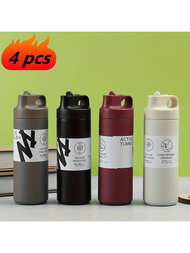 1pc/4pcs Double Wall Stainless Steel Vacuum Insulated Water Bottle With Straw, Outdoor Sports Tumble
