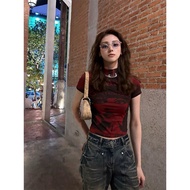 y2k y2k Top Design Red y2k T-Shirt Short-Sleeved Dancing Clothes American Retro Wine Female Fashiona