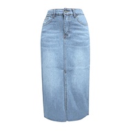 High Waist Denim Skirt Women Summer Buttons Zipper Fly Pockets A-Line Skirt Front Center Slit Design