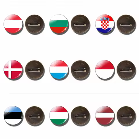 Europe Country Flag Round Glass Cabochon Brooch Pins Belarus Croatia Denmark Lithuania Hungary Latvi