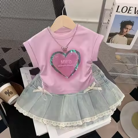 Girls' Short Sleeve Set 2025 Summer New Children's Clothing Girls' Stylish Printed T-shirt Cowboy Sh