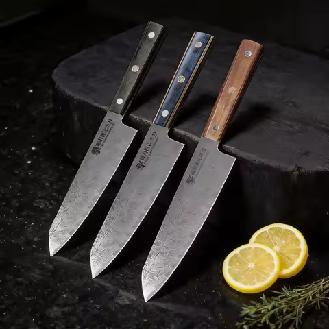 A set of 3 Japanese kitchen knives with Damascus steel laser engraved blades and wooden handles, per