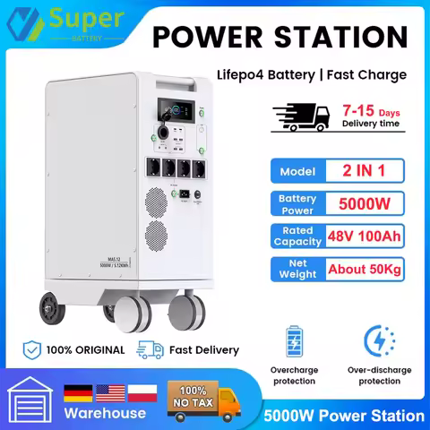 Portable Power Station 5000W LiFePO4 48V 100Ah 5Kwh 6000W MPPT Inverter With Light 18W-USB EU AC Inp