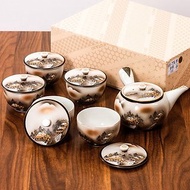 日本進口九谷燒手工側把泡茶壺金墨山水帶蓋茶具套裝一壺五杯禮盒