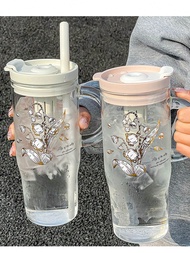 500/1000ml Glass Tumbler Cup With Handle & Straw For Iced Coffee, Juice, Cold/Hot Water,Tea, Drinkin