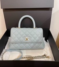 全新Chanel Coco Handle small size baby blue 荔枝皮金扣