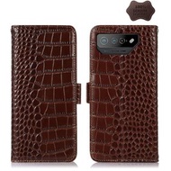 全城熱賣 - 適用於Asus ROG Phone 7 側吸頭層牛皮雙色鱷魚紋手機皮套（棕色）
