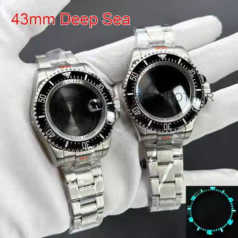 43mm NH35 Watch Case Strap For Deep Sea DWELLER Fit Seiko NH35 NH34 Movement Blue Lume bezel 200M Wa