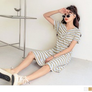 OB DESIGN ★ V-NECK SHORT SLEEVE STRIPED RIBBED DRESS ★ 2 COLOR ★ S-XXXL SIZE ★ PLUS SIZE