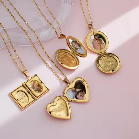 Custom Locket Heart Necklace Photo Box Retro Locket Pendant Book Oval Round Photo Frame Keychain Lov