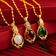 Women 916 Gold Plated Jade Four Leaf Clover Gem Water Drops Pendant Necklace