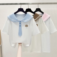 Real Shot 2025 Preppy Style Color Matching Navy Collar Exquisite Embroidered Tie Dopamine Wear Loose