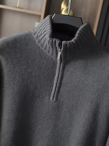 100% Pure Cashmere Sweater Men's Half High Neck Half Zipper 5-Pin Thick Zipper Pullover Long Sleeve