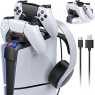 PS5 Controller Charger for PS5 Slim Console, Charging Dock with Headset Holder for 2023 Playstation 5 Slim Disc &amp; Digital Console