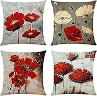 Cushion Covers, 65x65cm Set of 4, Red Flowers Soft Velvet Throw Pillow Cases 26x26in, Square Sofa Cushion Cover with Invisible Zipper for Couch Bed Car Bedroom Home Decor