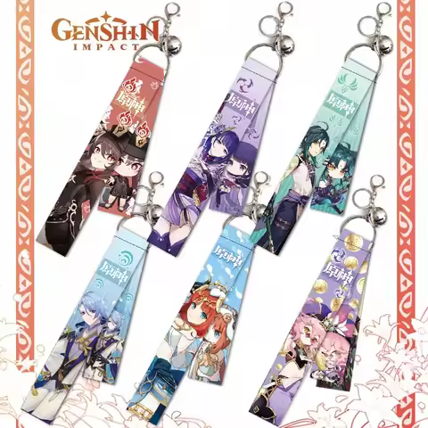 Anime Game Genshin Impact Ribbon Keychain Morax Hu Tao Nahida Furina Short Lanyard Strap Keyring Bag