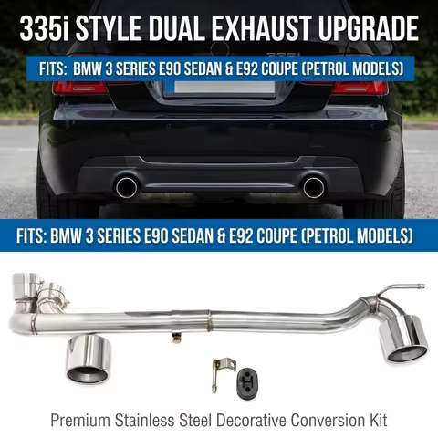 335i Style Dual Exit Exhaust for BMW E90 E92 325i 328i 330i, 304 Stainless Steel Carbon Conversion N