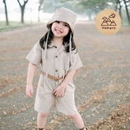 VAMERU - KIDS JUMPSUIT SAFARI SET ZOO KEEPER CAMPING LINEN FREE BUCKET HAT HAT WAIST BELT SAFARI COS