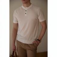 American Retro Henry Shirt Short-Sleeved t-Shirt Male Ami Khaki Solid Color Henry Collar Summer Whit