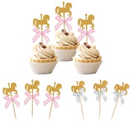 5Pcs Gold Glitter Carousel Horse Cupcake Toppers Cake Decorations with Bowknot for Baby Shower 1st B
