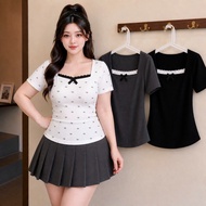 Women's BIGSIZE T-shirt 50-95kg Short Sleeves Soft Stretchy Ribbed Lace Cool to Wear G173 Baju Perem