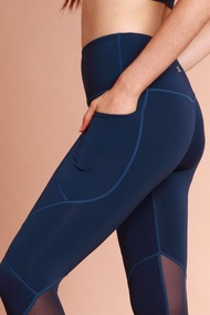 【換季特惠】#1316 高腰網紗微透膚口袋九分緊身褲 吸溼排汗-深藍