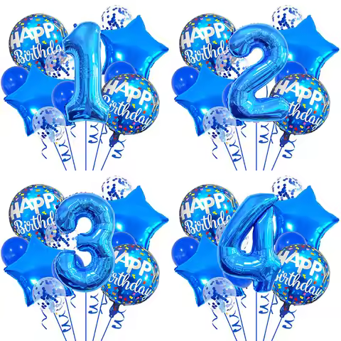 Boys Birthday Balloons Set 32inch Blue Number Stars Foil Ballon Boy Happy Prince Navy Ocean Birthday