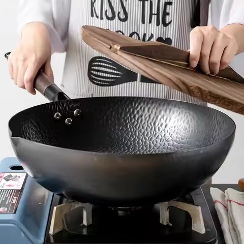 Pure Iron wok cast iron pan Non-coated Pot General use for Gas and Induction Cooker 32cm Chinese Wok
