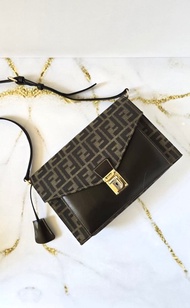 絕版古董包 Fendi 黑咖啡色老花信封包 斜背包 側背包 單肩包中古