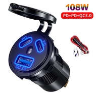 12/24V USB Car Charger Outlet 108W 3 Port Quick Charge 3.0 USB Charger Socket And Dual PD Type - C Ports Waterproof With Switch