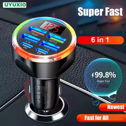 UYUXIO Multi Port USB C Car Charger Adapter 6 in 1 with Voltage Display Fast Charge with Volt Meter 