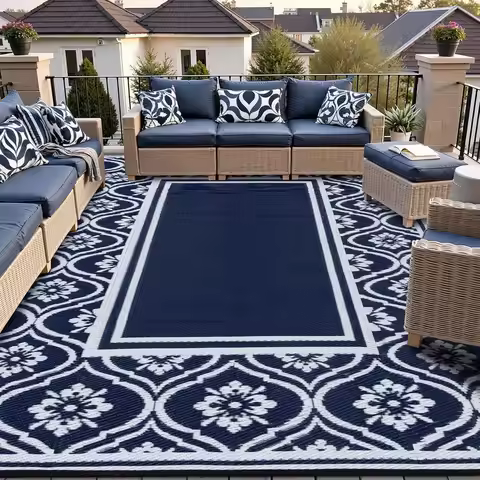 8x10 Outdoor Patio Rug - Waterproof Blue & White Reversible Carpet for Camping, RV, and Decks