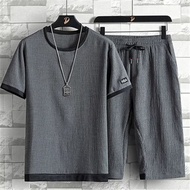 【2 Color】Plus Size M-5XL Korean Style Stitching Plain Letter Printed Set Short-sleeve T-Shirt + Shor