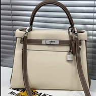 Hermes kelly25 so 大象灰拼奶昔白 拉絲銀扣  D刻