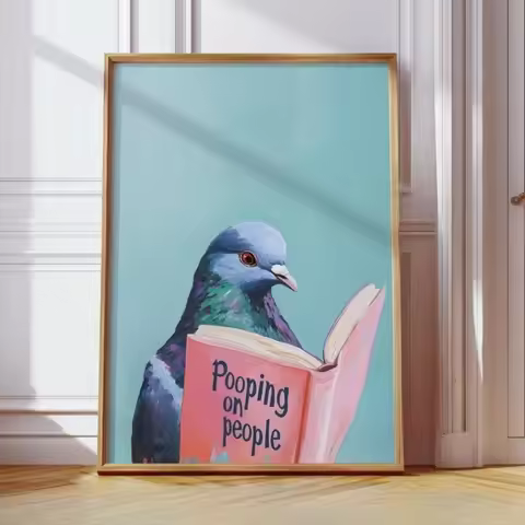 Pigeon Reading "Pooping on People" Book Art Poster, Funny Pigeon Print, Bird Reading Funny Book Art,