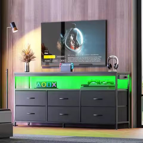LED TV Stand for Bedroom, 55 Inch Dresser with Power Outlets, Entertainment Center for 60, 55, 50 In