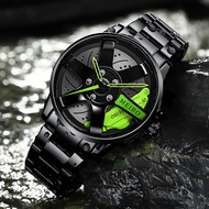 Jam Tangan Pria Stainless Steel Desain Velg Mobil Jam Tangan Quartz Sporty dengan Rem Brembo Hijau A